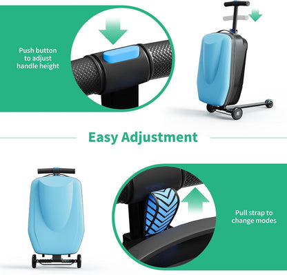 Scooter Hardshell Kids' Luggage, Foldable Carry on Kids Suitcase with Telescopic Handle for Travel, Multifunctional Ride On Lightweight Luggage with Wheels, Light Blue