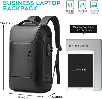BANGE Black Genuine Leather Laptop Backpack for Men，Anti Theft Business Backpack with USB3.0 Charging Port, Smart Professional Lightweight Travel Backpacks for 15.6 Inch Laptop…