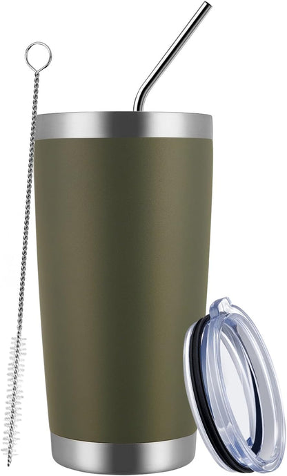 MEWAY 20oz Tumbler Cup Double Wall Vacuum Insulated Travel Mug Bulk, Stainless Steel Tumblers with Lid and Straw, Durable Powder Coated Coffee Cups for Cold & Hot Drinks (Army Green, 1)