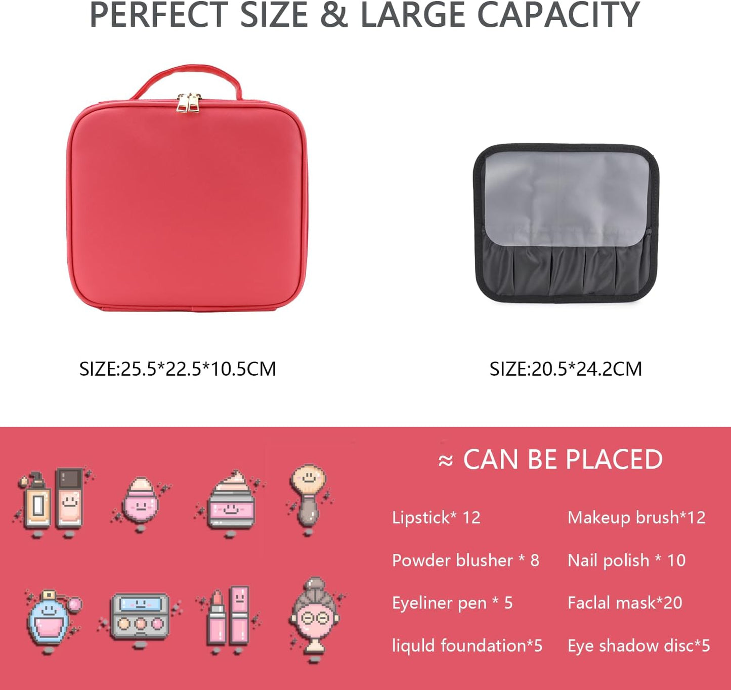 Makeup Bag with Led Mirror,Travel Makeup Organizer with 3 Color Setting & 10X Magnifying Mirror, Portable Storage and Adjustable Dividers Travel Makeup Bag-light red