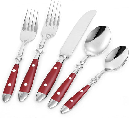 20-Piece Silverware Set for 4, High-end Everyday Flatware Set, Red Handles Cutlery Set, Retro Stainless Steel Forks and Spoons, Mirror Finished Utensil for Home Restaurant, Dishwasher Safe
