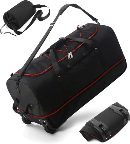 CONTAIL 32”110L Expandable 140L Rolling Duffle Bag with 2 Inline Wheels,Convertible Weekend Travel Bag with Bungee-Cord System,Black-red