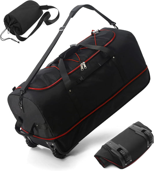 CONTAIL 32”110L Expandable 140L Rolling Duffle Bag with 2 Inline Wheels,Convertible Weekend Travel Bag with Bungee-Cord System,Black-red