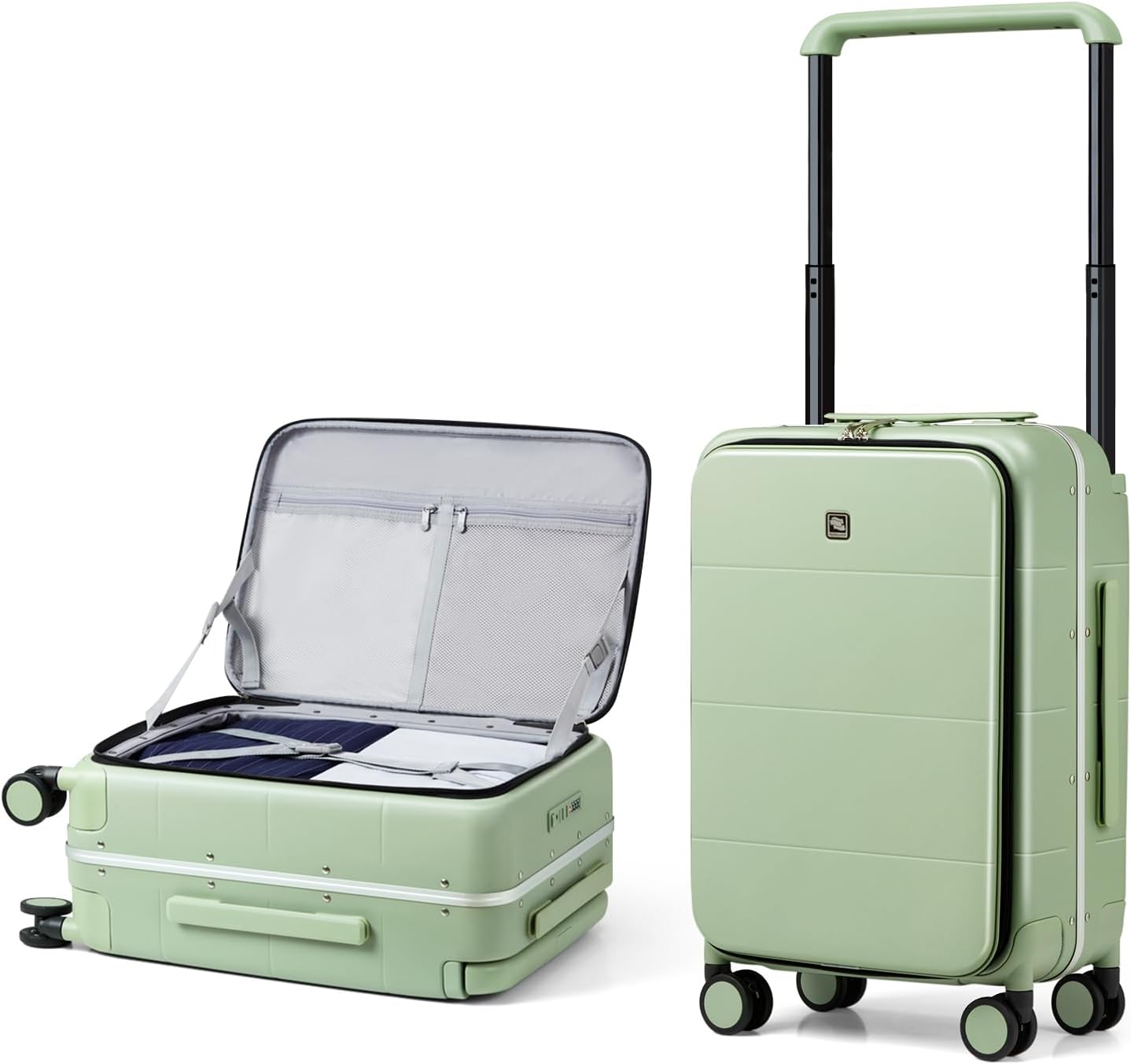 Hanke Top Opening Carry On Luggage, 20 Inch Zipperless Aluminum Frame Wide Handle Luggage, All-PC Hard Shell Trunk Suitcase with Spinner Wheels, TSA Airline Approved (Bamboo Green, 40L)