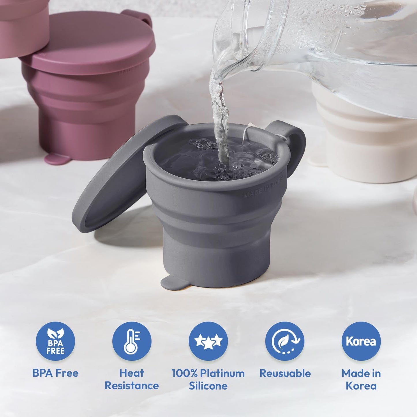 carrotez 2 pack Mini Silicone Collapsible Travel Cup for Camping, Hiking, Backpacking, and Picnics, 6 oz, Reusable, Food-grade, BPA- Free, Lightweight, Unbreakable, Portable, Small - Modern Grey