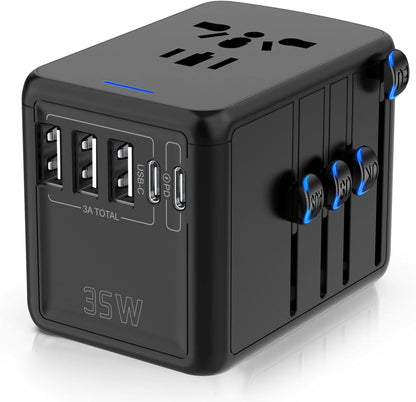 JMFONE 35W PD Universal Travel Adapter, Fast Charging International Power Plug Adapter with 3*USB-A & 2*USB-C Ports and Multi AC Sockets, All-in-one Travel Outlet Conversion Plugs for 200+ Countries