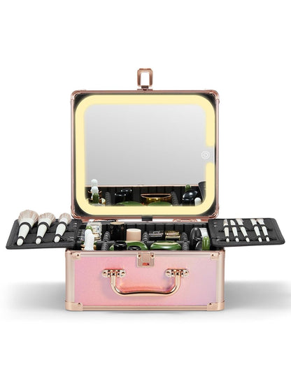Qislee Makeup Box with A Detachable Lighted Mirror, Waterproof Travel Train Case, Cosmetic Organizer and Makeup Suitcase with Adjustable Dividers, Magnetic LED Mirror(Sparkling Gradient Pink)