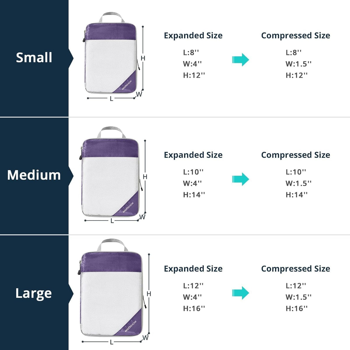 Compression Packing Cubes 3 Set, Compressible Space-Saving Packing Cubes for Travel - Compression Bags, Luggage Organizer, Travel Essentials for Women, Purple