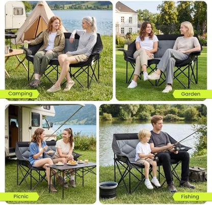 Oversized Double Camping Chairs 2 Person Folding Loveseat(Grey)