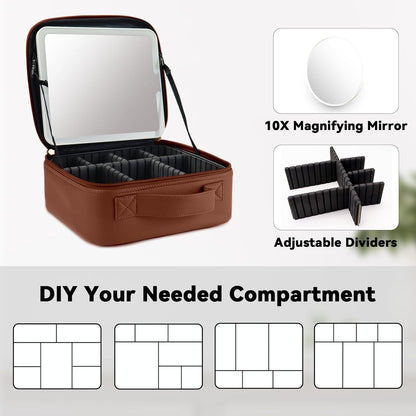 Travel Makeup Bag with LED Mirror and 10x magnifying glass with 3 Lighted Settings, Adjustable Dividers and Makeup Brush Storage Bag Dark Brown