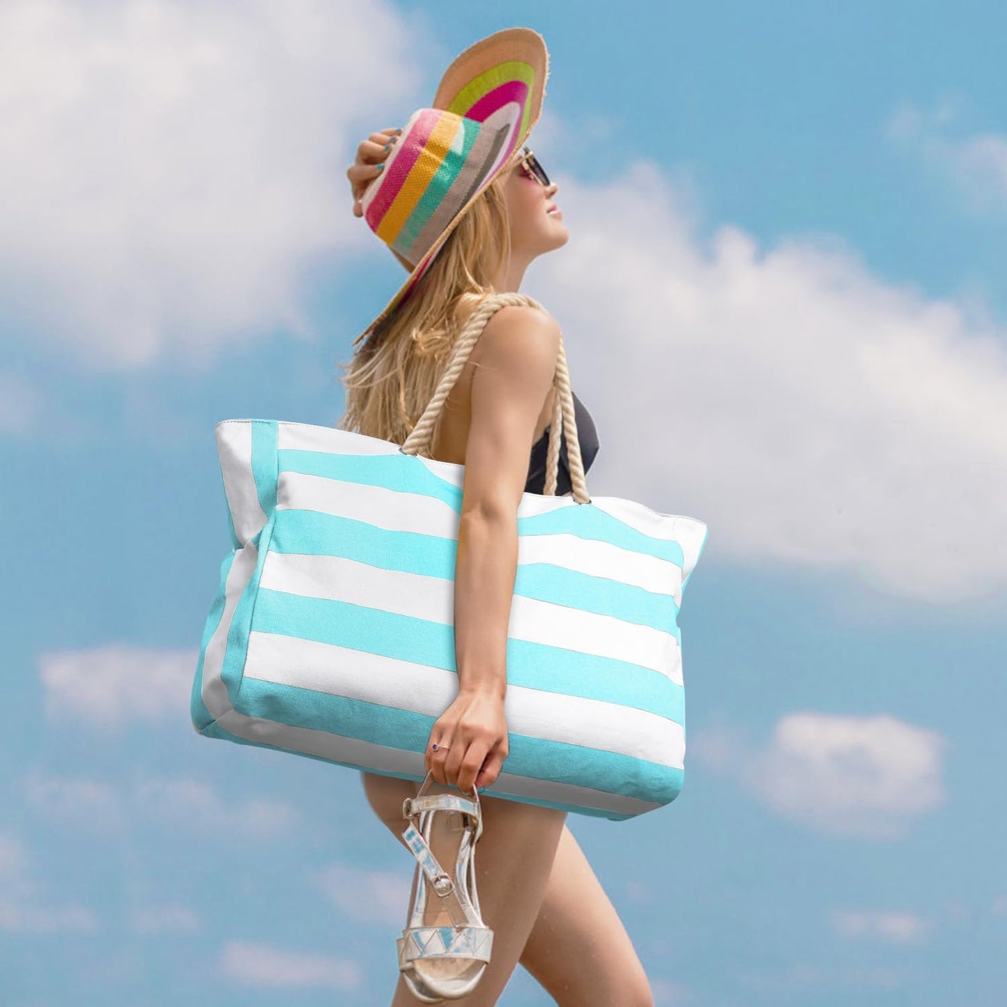 Becokan Beach Bag Large Beach Tote Bag for Women Waterproof Sandproof Swim Pool Bag With Zipper