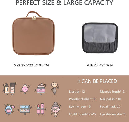 Makeup Bag with Led Mirror,Travel Makeup Organizer with 3 Color Setting & 10X Magnifying Mirror, Portable Storage and Adjustable Dividers Travel Makeup Bag-khaki