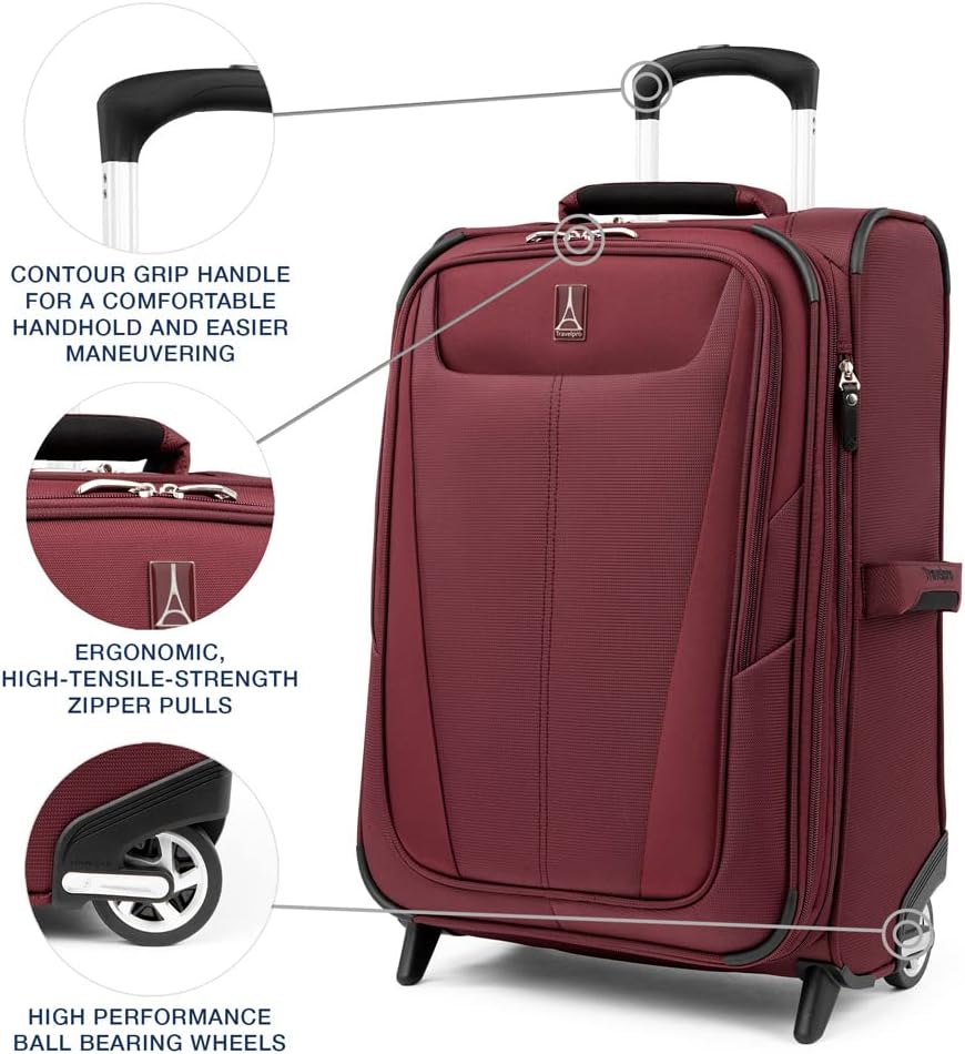 Travelpro Maxlite 5 Softside Expandable Upright 2 Wheel Carry on Luggage, Lightweight Suitcase, Men and Women, Burgundy, Carry On 22-Inch