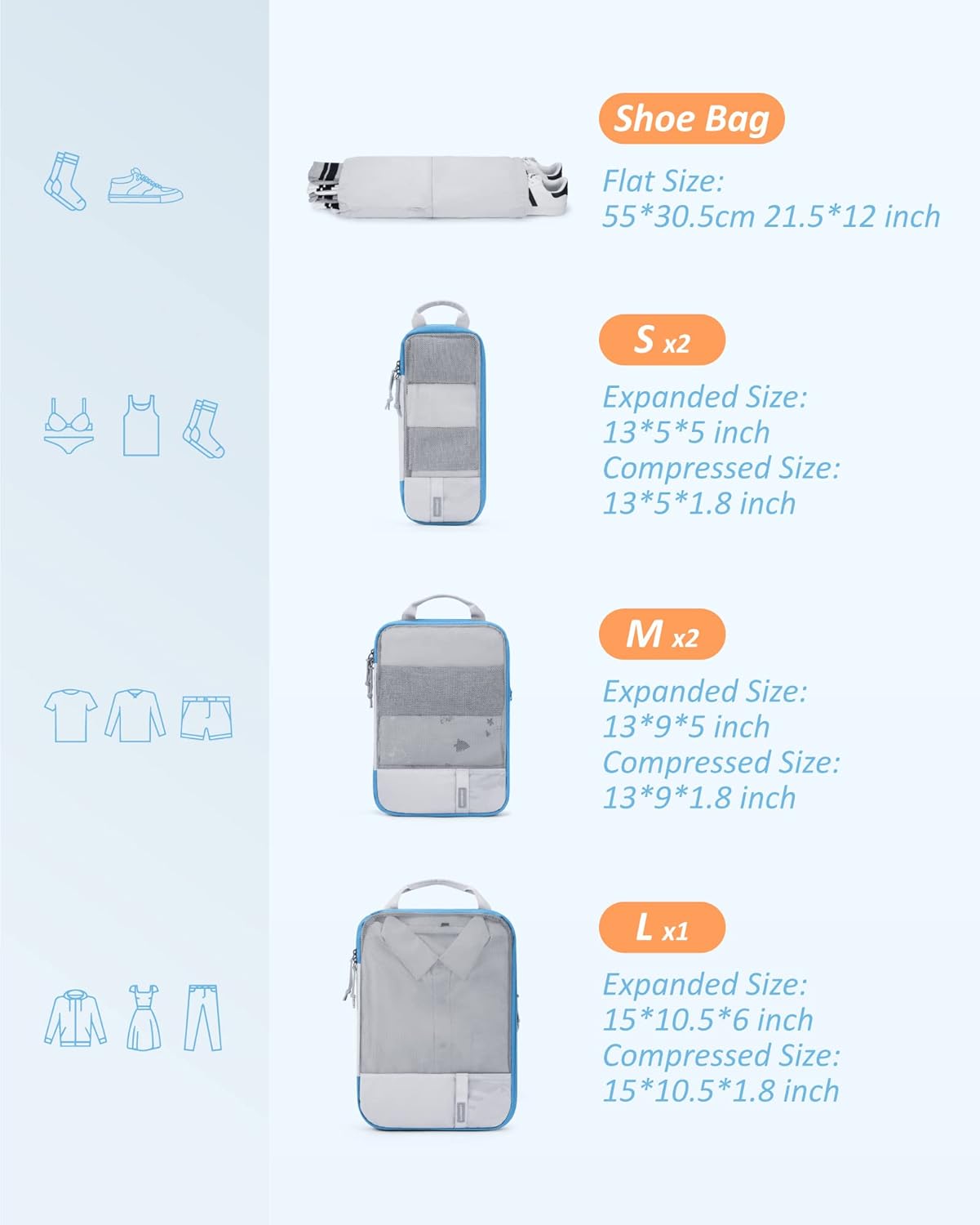 BAGSMART 6 Set Compression Packing Cubes - Lightweight Travel Essentials, Durable Luggage Organizer