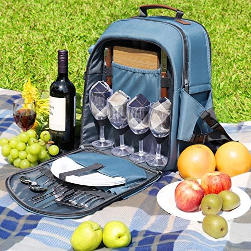 Sunflora Picnic Backpack for 4 Person Set Pack with Insulated Waterproof Pouch for Family Outdoor Camping(Light Blue)