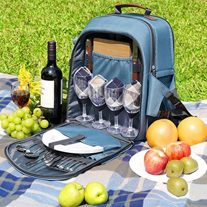 Sunflora Picnic Backpack for 4 Person Set Pack with Insulated Waterproof Pouch for Family Outdoor Camping(Light Blue)