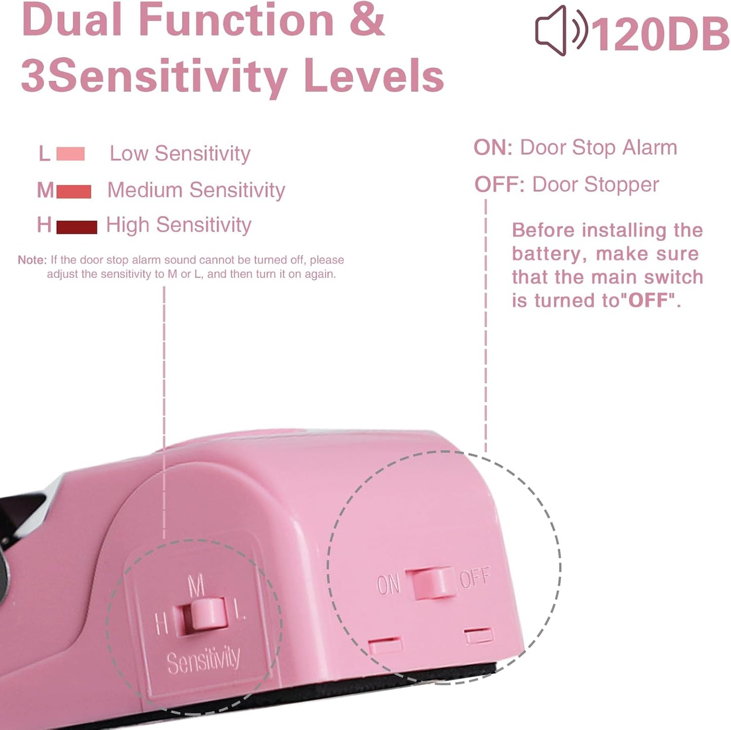 2 Pack Portable Door Stop Alarm, Door Stopper with 120db Loud Security Alarm, Travel Door, Doorstops Wedge Sensors Security Devices for Traveling Apartment Hotel and Home (Pink)