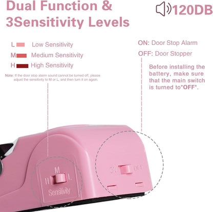 2 Pack Portable Door Stop Alarm, Door Stopper with 120db Loud Security Alarm, Travel Door, Doorstops Wedge Sensors Security Devices for Traveling Apartment Hotel and Home (Pink)