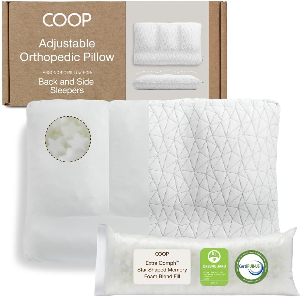 Coop Home Goods Adjustable Orthopedic Pillow Queen, Ergonomic Cervical Neck Support, Memory Foam Pillows for Side & Back Sleepers, Breathable, Washable Cover, GREENGUARD & CertiPUR-US Certified