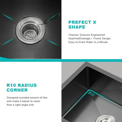 24x18 Inch Undermount Kitchen Sink Nano Black, 18 Gauge Stainless Steel Single - Image 5