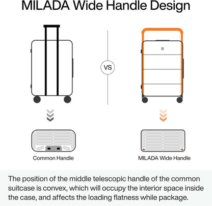 MILADA Wide Handle Carry On Luggage with Front Pocket Hardshell 20 Inch Front Opening Luggage with Spinner Wheels TSA Lock Aluminium Suitcase Airline Approved Carry-On Travel Luggage, White