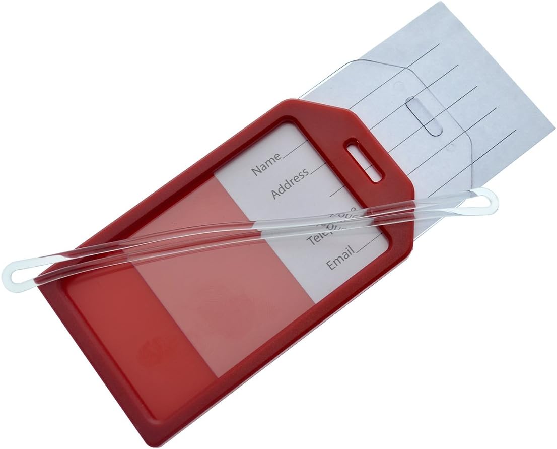 5 Pack - Premium Rigid Airline Luggage Tag Holders with 6" Worm Loops - Heavy Duty Hard Plastic -Suitcase ID Tag Identifiers with Business Card Insert Window by Specialist ID (Red)