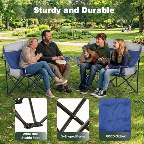SunnyFeel Double Camping Loveseat Chair, Blue-Cooler, Foldable, Portable, Space Saving, Side Pocket, Cup Holders