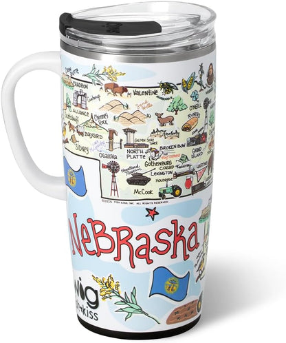 Swig Life 22oz Travel Mug, Insulated Tumbler with Handle and Lid, Travel Coffee Mug, Cup Holder Friendly, Stainless Steel 22 oz Tumbler, Reusable Insulated with Lid (Nebraska)