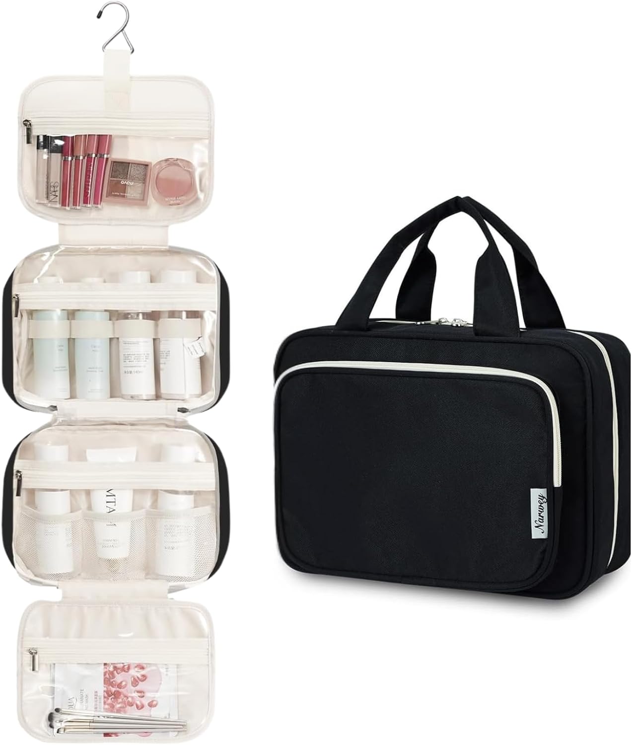 Narwey Hanging Toiletry Bag for Women Travel Makeup Bag Organizer Toiletries Bag for Travel Size Essentials Accessories Cosmetics (Black (Medium))