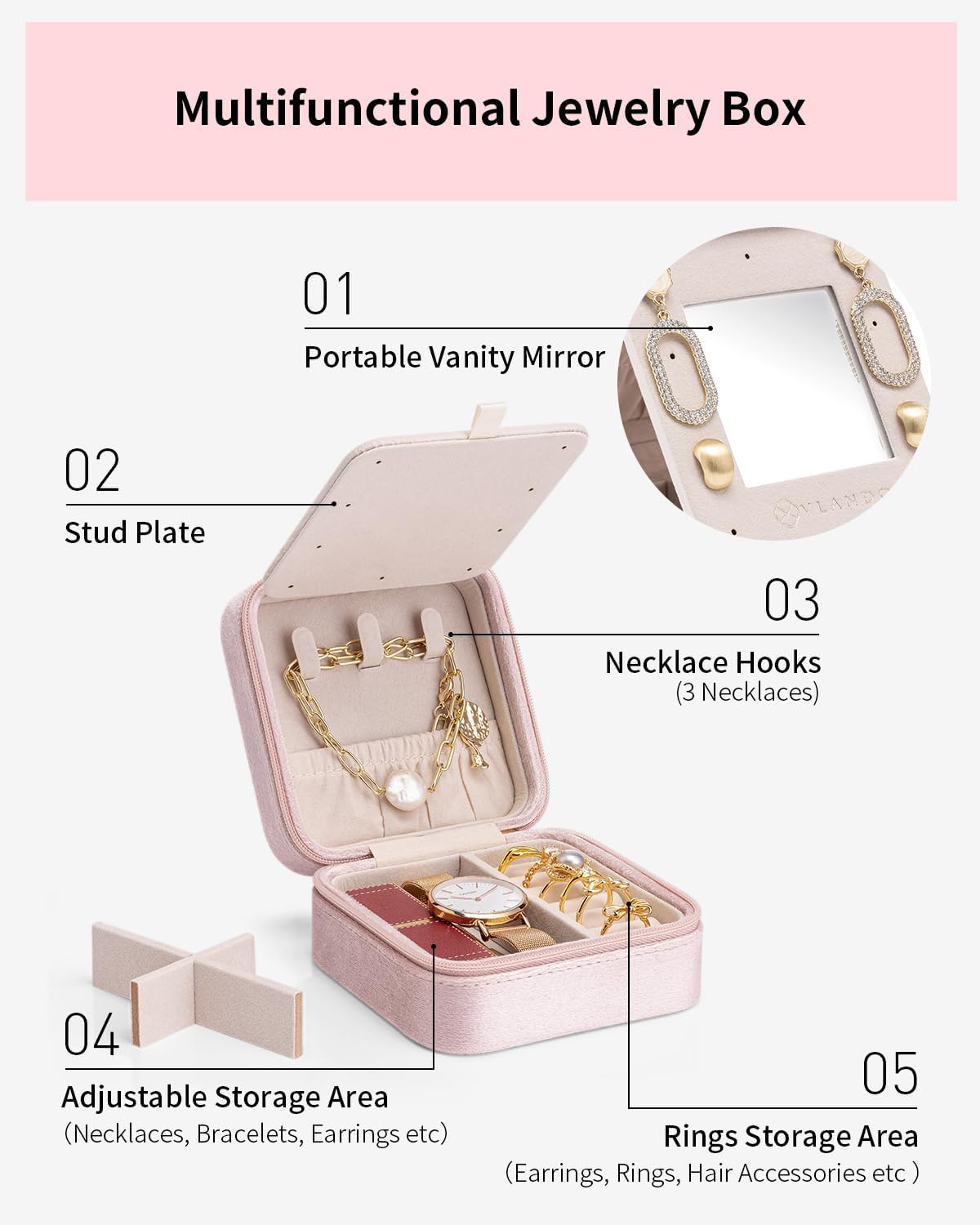 Vlando Velvet Travel Jewelry Case, Jewelry Travel Box for Women, Travel Jewelry Organizer, Small, Portable Jewelry Boxes with Mirror - Pink
