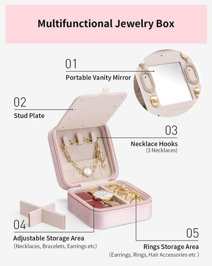 Vlando Velvet Travel Jewelry Case, Jewelry Travel Box for Women, Travel Jewelry Organizer, Small, Portable Jewelry Boxes with Mirror - Pink
