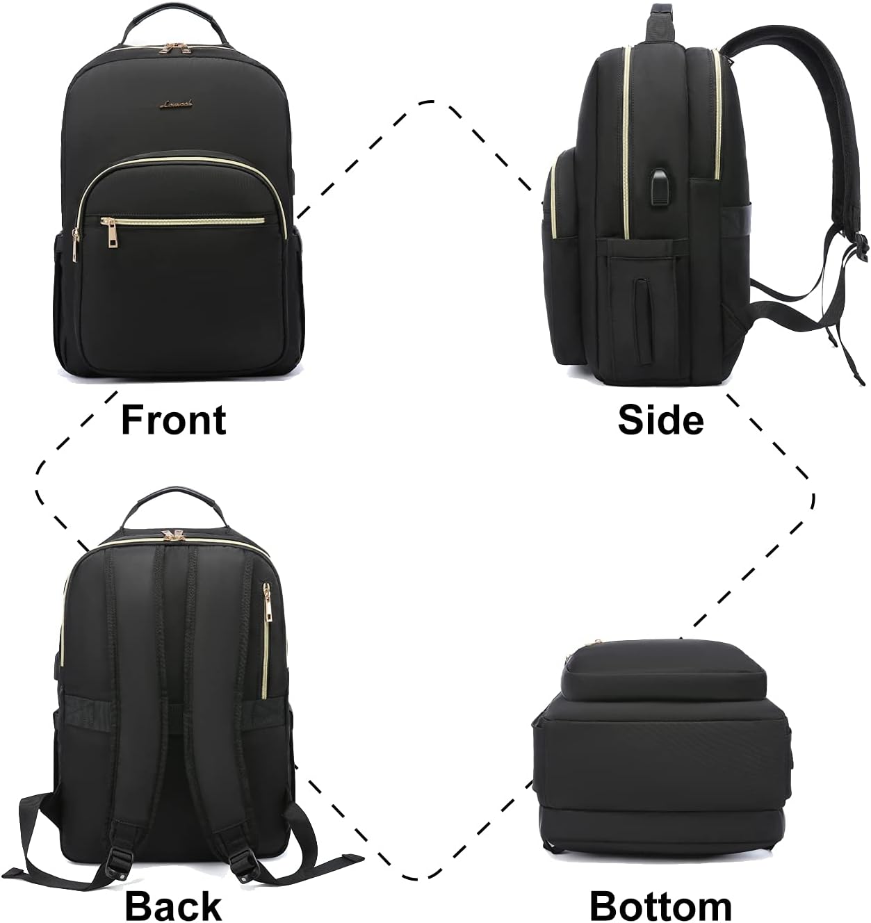 LOVEVOOK Laptop Backpack Purse for Women, Work Travel Computer Bags, Quilted Casual College Daypack with USB Port, Fit 15.6 Inch Laptop, Black