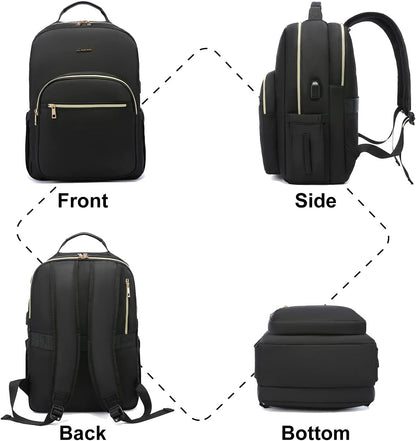 LOVEVOOK Laptop Backpack Purse for Women, Work Travel Computer Bags, Quilted Casual College Daypack with USB Port, Fit 15.6 Inch Laptop, Black