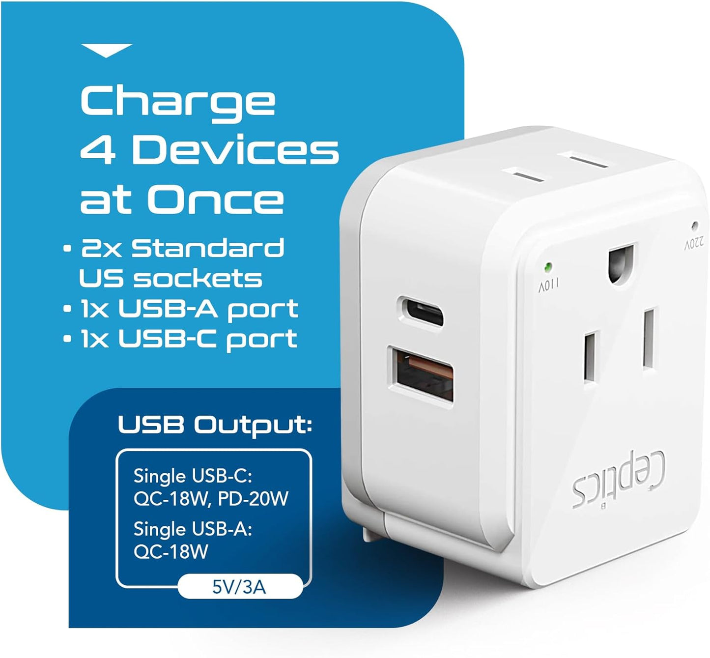 Ceptics Thailand Travel Adapter Set, PAK KIT 20W PD & QC, Type O - 3.1A - 4 in 1-2 USA Inputs, 1 USB Port, 1 USB-C Port - Compact, Powerful - Includes Type O Swadapt Attachments