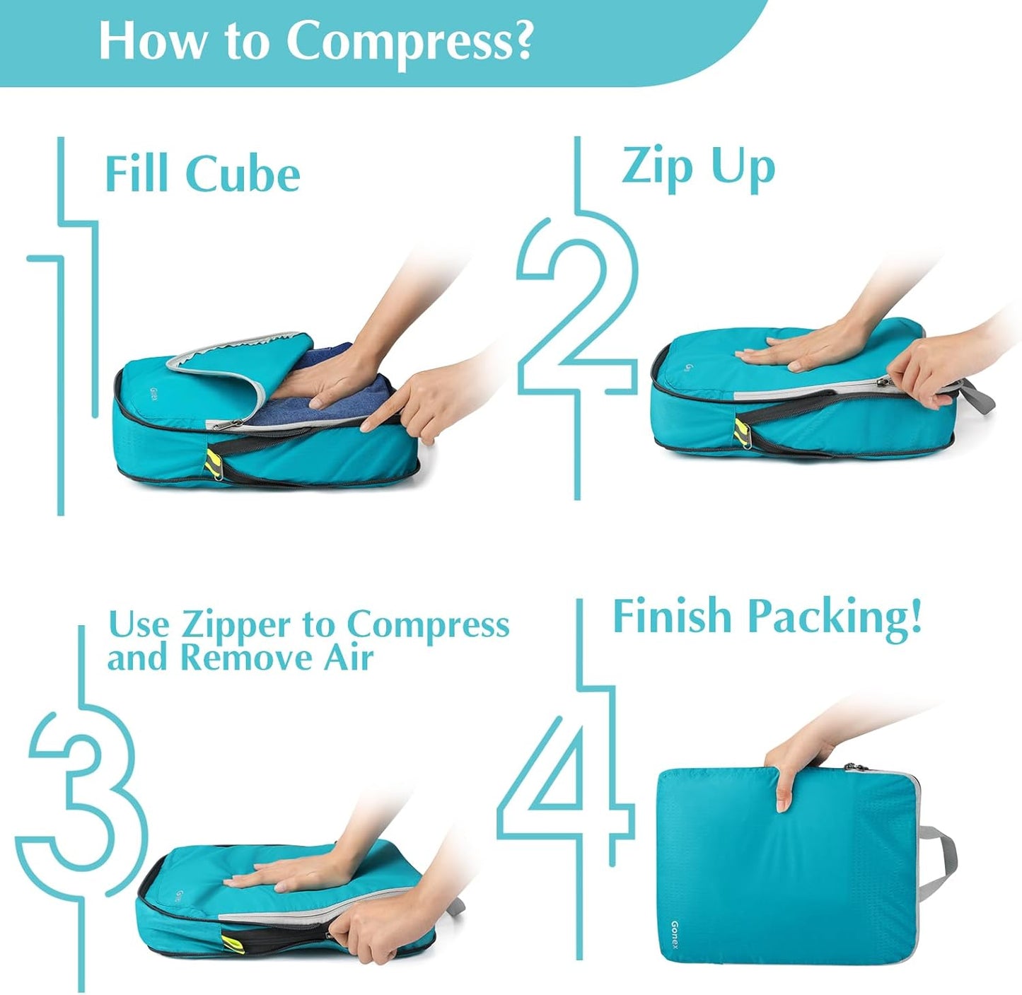 Gonex Compression Packing Cubes, 3pcs/4pcs Expandable Storage Travel Luggage Bags Organizers