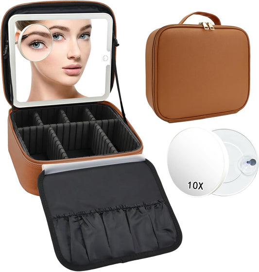 Travel Makeup Bag with LED Mirror and 10x magnifying glass with 3 Lighted Settings, Adjustable Dividers and Makeup Brush Storage Bag Caramel