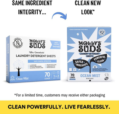 Molly’s Suds Laundry Detergent Sheets | Gentle on Sensitive Skin, Powerful Bio-Based Enzymes, Stain-Fighting | Liquidless & Plastic-Free Packaging | 70 Loads (Ocean Mist)