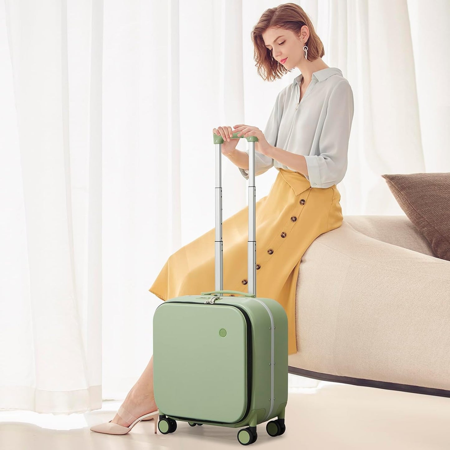 mixi Carry On Luggage, 18” Suitcase with Front Laptop Pocket, Travel Luggage Aluminum Frame PC Hardside with Spinner Wheels & TSA Lock and Cover (Not for Underseat), Avocado Green