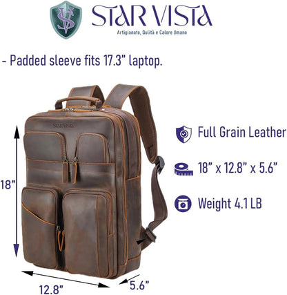 STAR VISTA Angelo 17.3" Vintage Full Grain Leather Laptop Backpack for Men, Multi Pockets, Casual Outdoor Business Travel Rucksack, YKK Zippers, Dark Brown