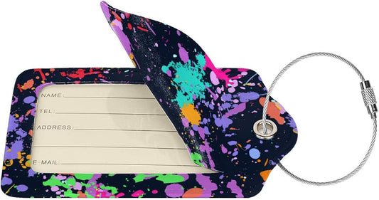 2 Pack Colorful Pop Art Luggage Tag for Men Women Girls Kids, Stylish Leather Bag Tags for Suitcase Artistic Modern Travel Backpack Labels