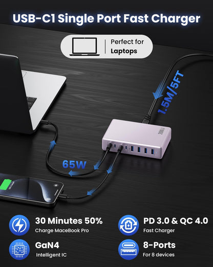 200W USB C Charger Block,GaN IV Charging Station 8 Ports,QC4.0 Fast Charging Station Hub+PD 65W USB C Laptop Charger Adapter Compatible with MacBook Air/Pro,DELL,iPhone 16/15,iPad,Steam Deck-Purple