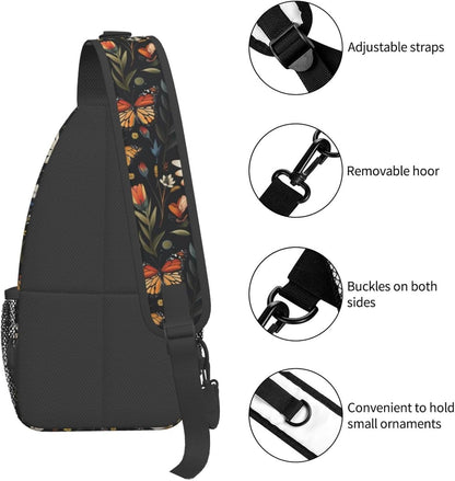 SUPLUCHOM Sling Bag Vintage Butterfly Daisy Leaf Hiking Daypack Crossbody Shoulder Backpack Travel Chest Pack for Men Women