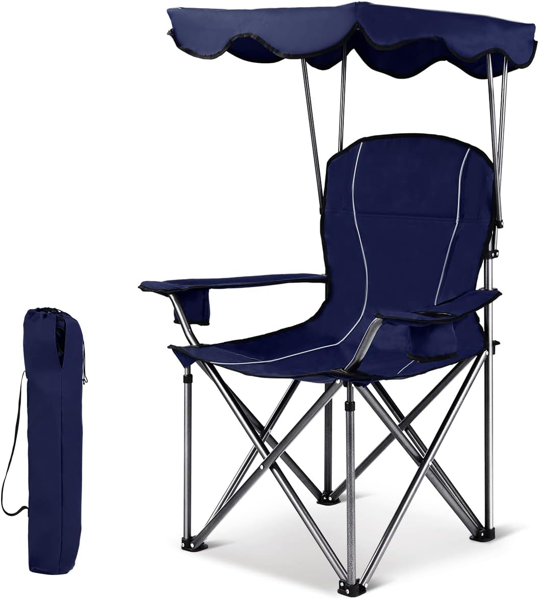 S AFSTAR Safstar Folding Camping Chair with Canopy, Portable Lawn Beach Canopy Chair with Cup Holder & Carry Bag, Load Bearing Up to 265LBS, Folding Chair for Outside Outdoor Travel Hiking Fishing