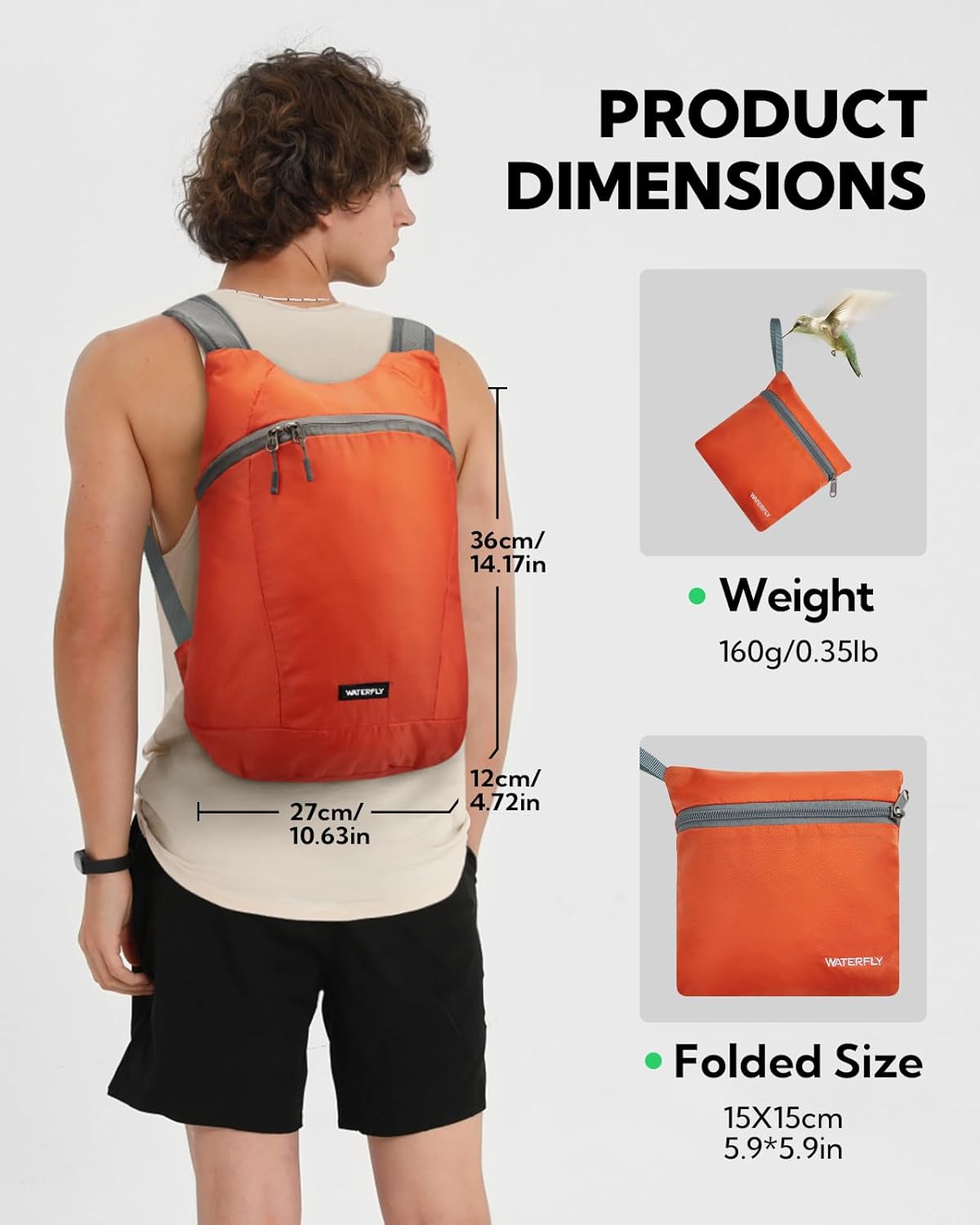 WATERFLY Foldable Lightweight Hiking Backpack: 15L Packable Traveling Daypack Men Women Ultralight Thin Casual Day Pack Bag for Outdoor Sports Camping Beach Park (Orange)