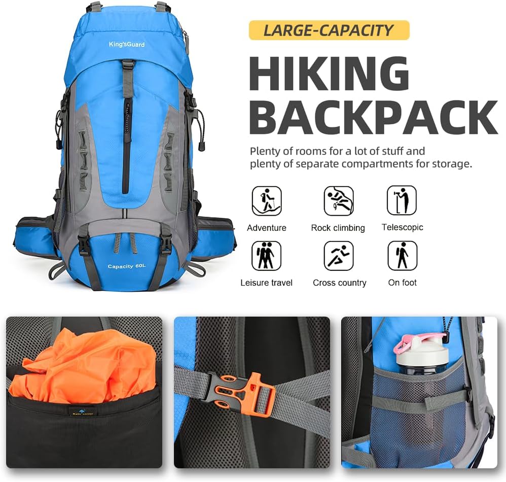 King'sGuard 60L Hiking Backpack Lightweight Camping Backpack with Rain Cover Large Waterproof Packable Outdoor Trekking Travel Backpack for Men Women (Blue)