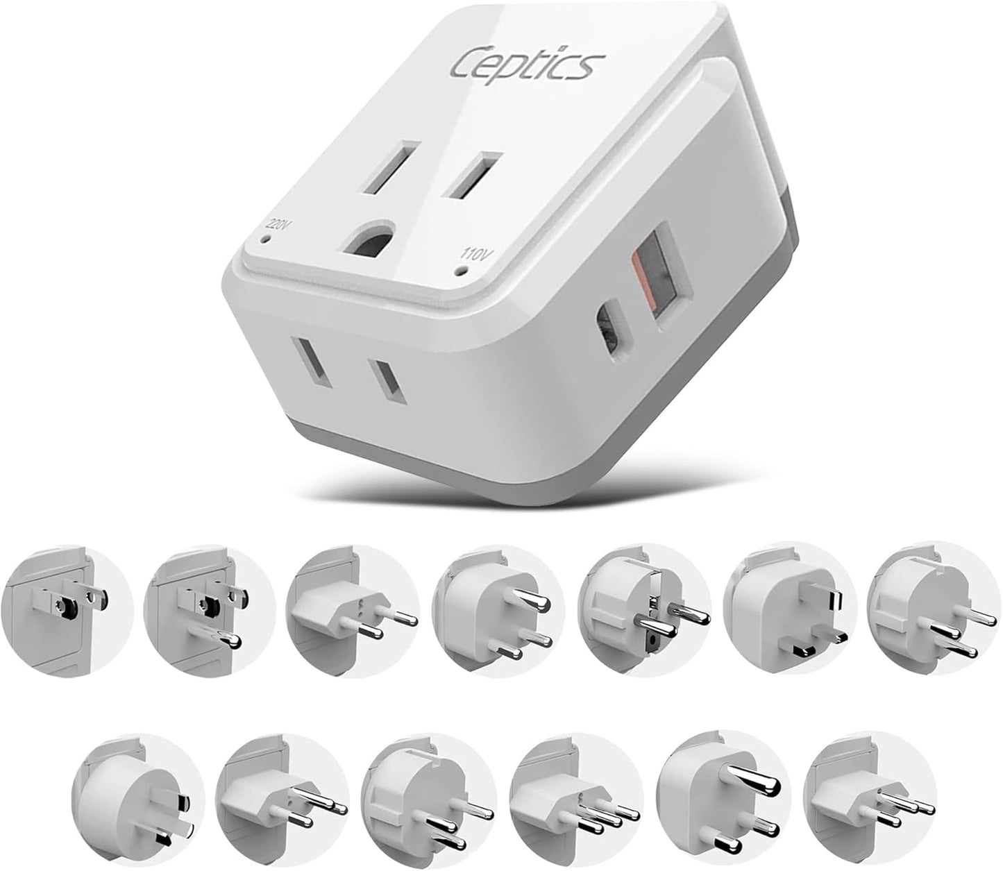 Ceptics International Power Plug Adapter Travel Set, 20W PD & QC, Safe Dual USB & USB-C 3.1A - 2 USA Outlet - Compact - Use Europe, Asia, Africa In Worldwide - Includes 13 Type SWadAPt Attachments