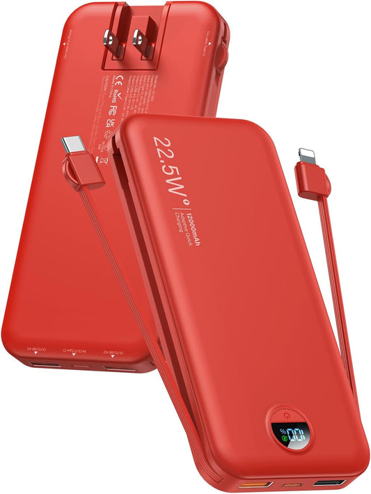 Portable Charger Power Bank, 12000mAh 22.5W USB C Charger Fast Charging with Built-in Cables & Wall Plug, 5-in-1 Battery Pack with LED Display, Ultimate Travel Essential for iPhone, iPad, Samsung Red