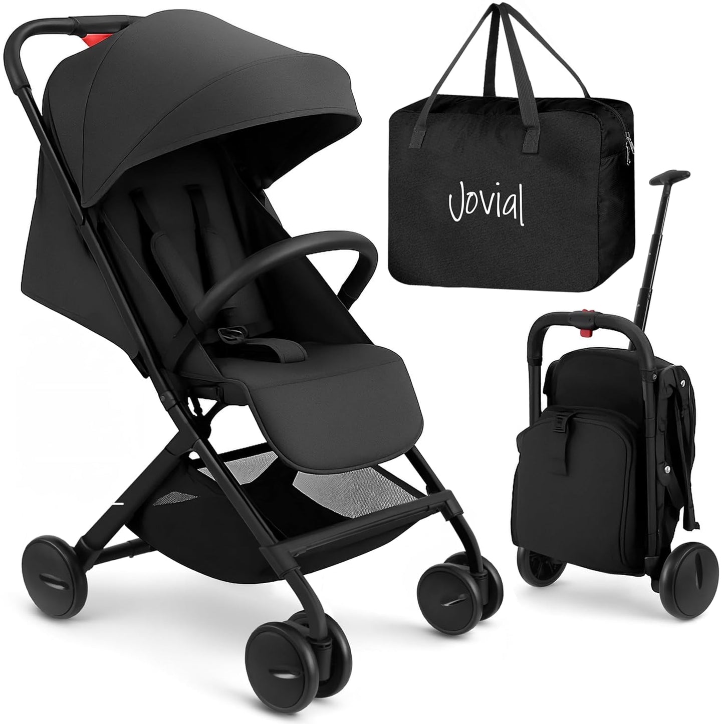Jovial Lightweight Travel Baby Stroller - One-Hand Folding Compact Stroller with Multi-Position Reclining System - Retractable Sun Canopy, Extra-Large Storage Basket - Includes Airplane Storage Bag