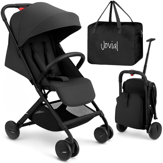 Jovial Lightweight Travel Baby Stroller - One-Hand Folding Compact Stroller with Multi-Position Reclining System - Retractable Sun Canopy, Extra-Large Storage Basket - Includes Airplane Storage Bag