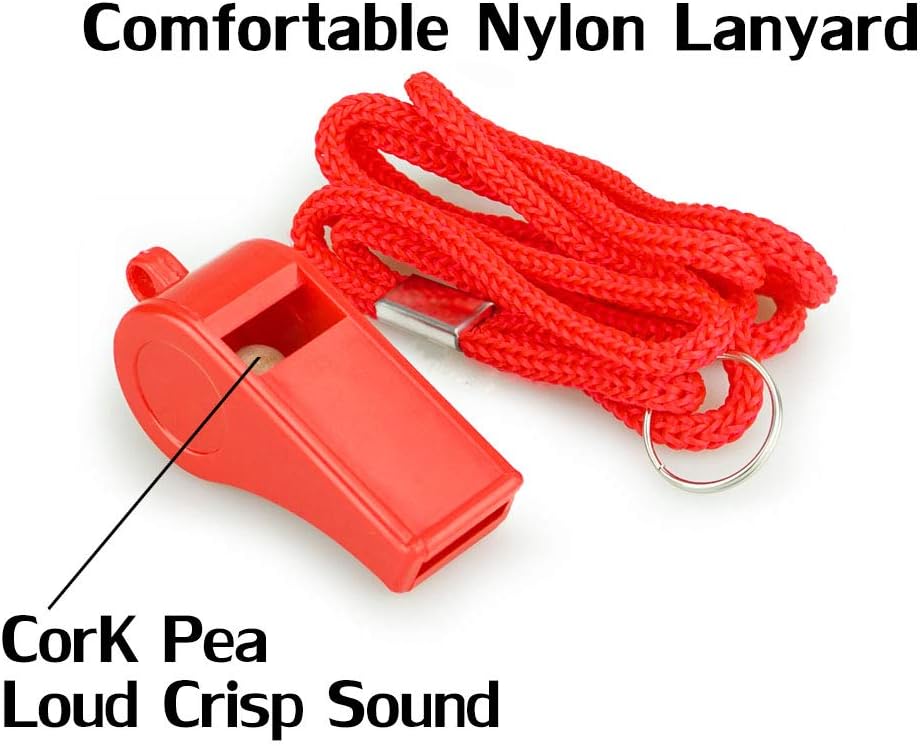 Red Emergency Whistles with Lanyard, Loud Crisp Sound, 2 Packs Plastic Whistles Ideal for Lifeguard, Self-Defense and Emergency